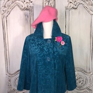 R. Q. T. Vintage Look Embossed Turquoise Lightweight Corduroy Cropped Jacket